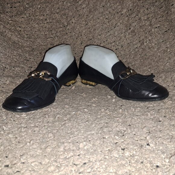 MASSIMO DUTTI-Black Nappa Leather Chain Suede Kiltie Loafers-Sz 37-Excellent - Picture 4 of 8